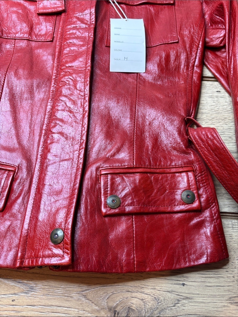 A. Raspini Vera Pelle Red Leather Belted Utility Jacket Size Medium NWT - Picture 5 of 12